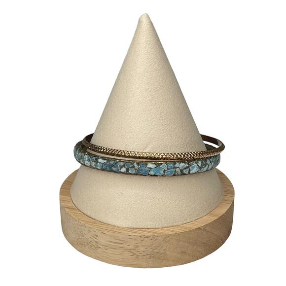 Vintage Brass & Turquoise Chip Bracelet Bangle Set Brass Bracelet Made In India - Picture 8 of 8